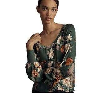 Anthropologie Tiny Floral Green Scoop Neck Top Size S